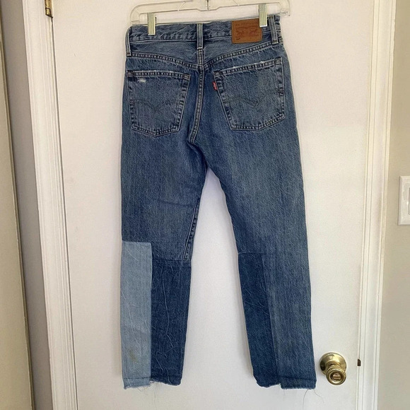 Levi's 501 Color-block Patchwork Ragged Lands Raw Hem Slim Straight Jeans - Picture 7 of 9